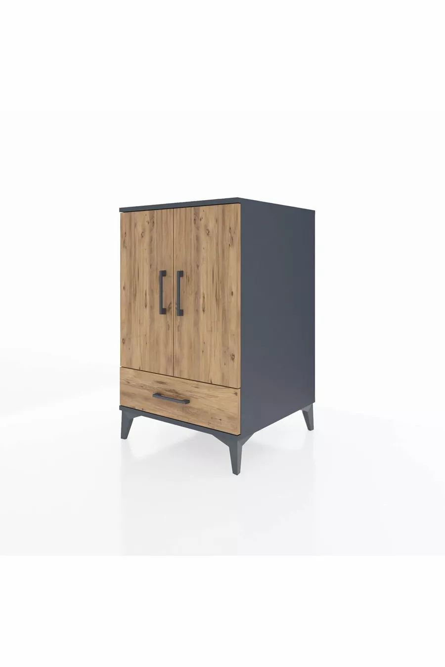 Table de chevet Kronos avec 3 étagères, 1 tiroir et 2 portes, Anthracite-Sapin