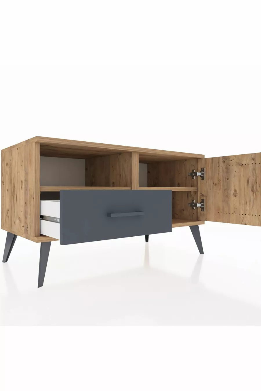 Commode Hyperion avec 2 étagères, 1 tiroir et 1 porte, Pin-Pin/Anthracite
