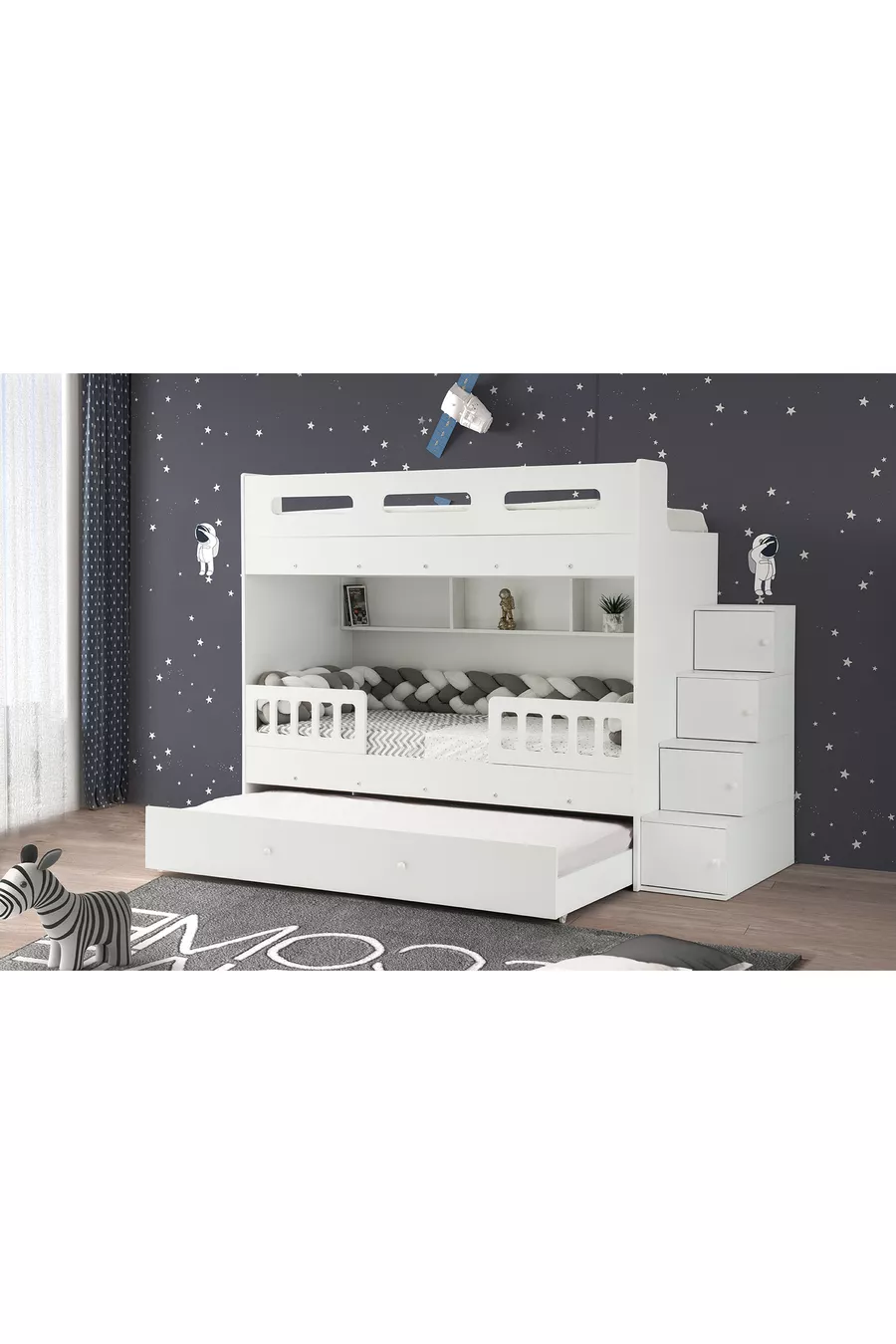 Lit superposé Berlin / Blanc / 3 lits avec escalier et armoire