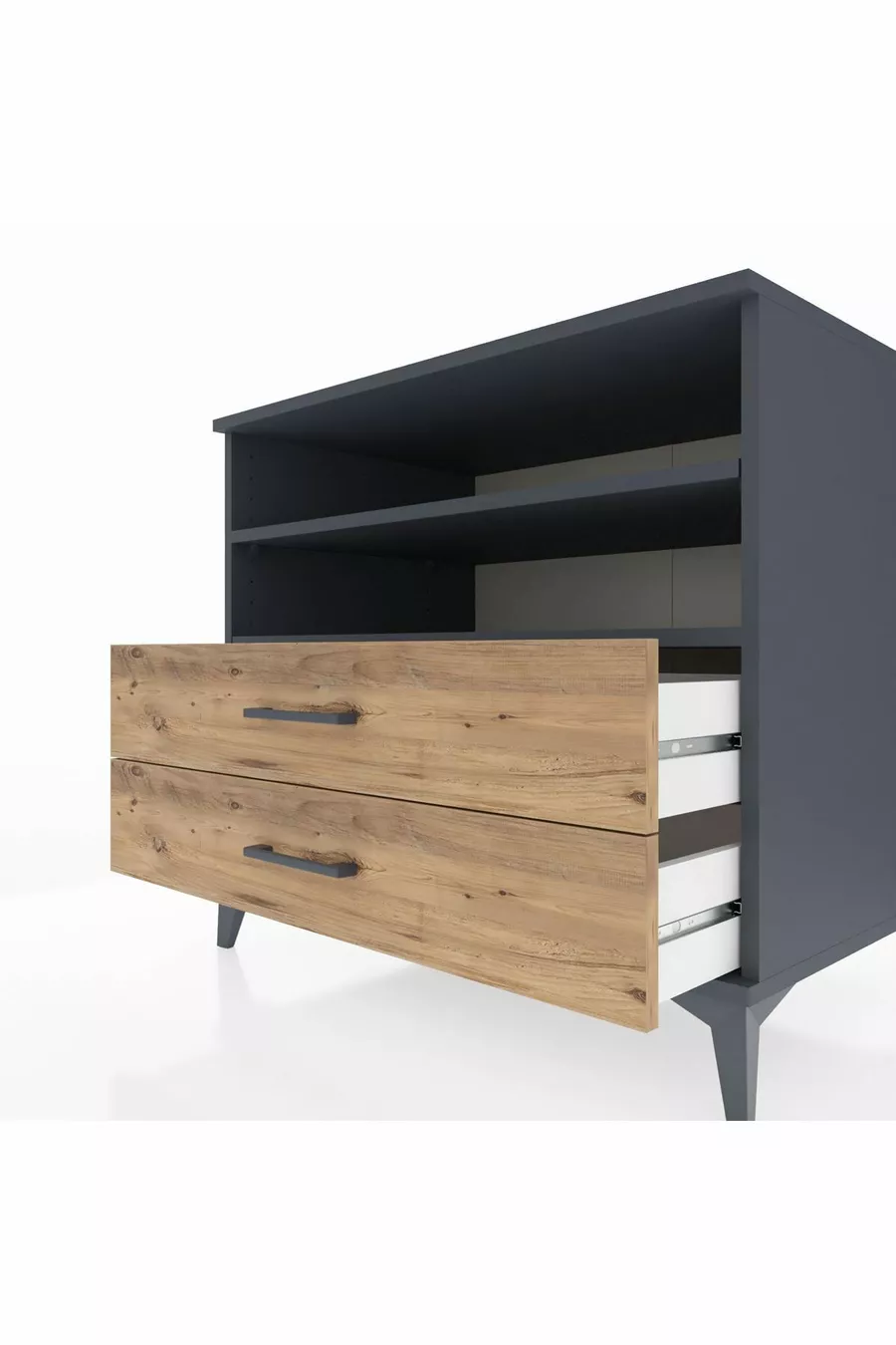 Commode Kronos 2 étagères 2 tiroirs Anthracite-Bois de pin