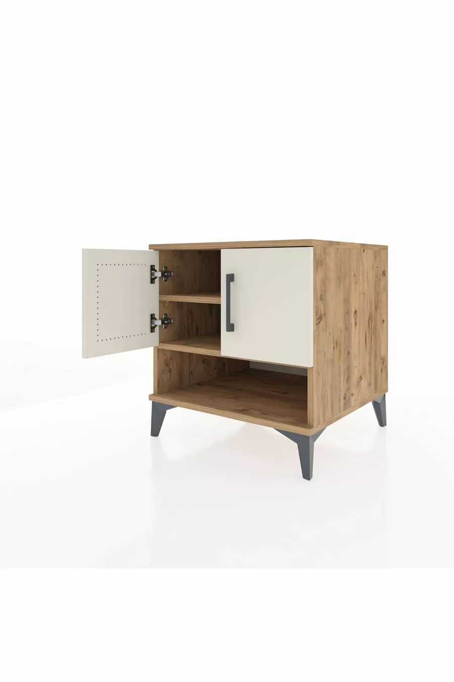 Table de chevet Kronos à 2 étagères et 2 portes, pin-pierre d'orme