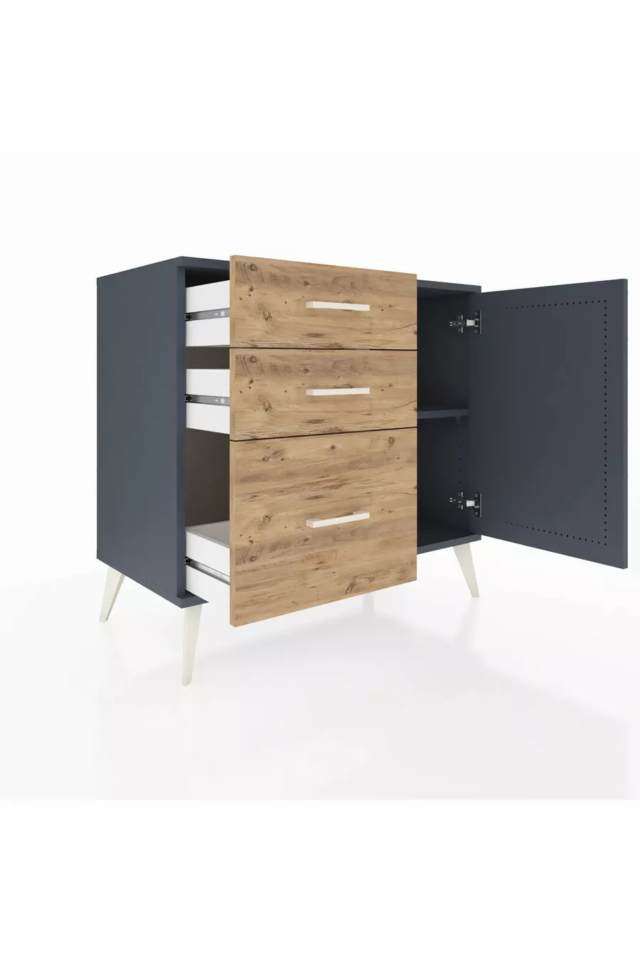 Commode Hyperion avec une seule étagère, 3 tiroirs et une porte, Anthracite-Anthracite/Sapin