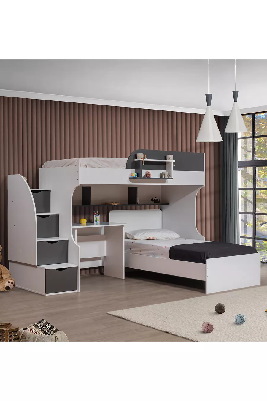 Bunk Bed, Aura Bunk Bed Bed Table 3-Door Wardrobe + 2 Comfort Mattresses