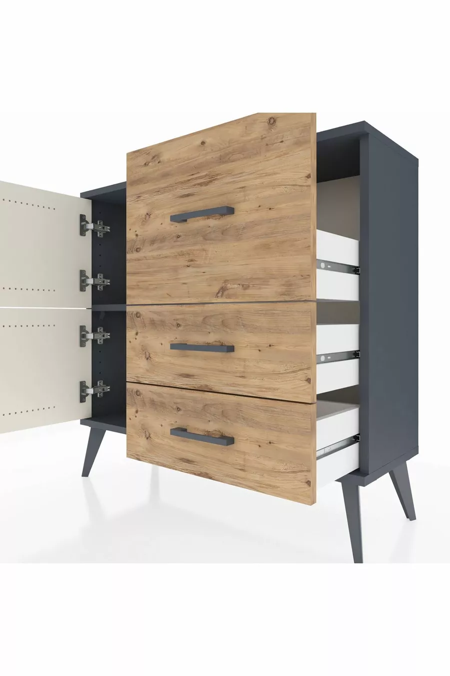 Commode Arges à une étagère, 3 tiroirs et 2 portes, Anthracite-Sable/Pin