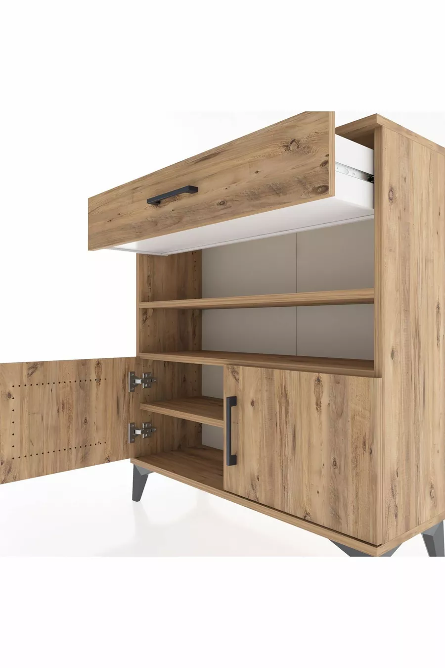 Commode Arges 3 étagères, 1 tiroir, 2 portes, pin-pin