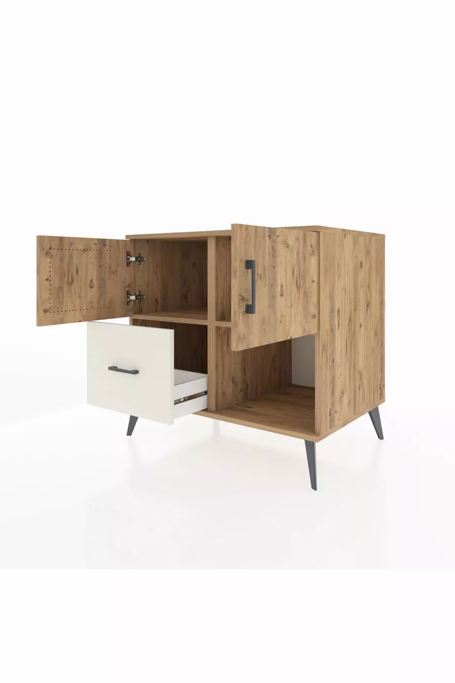 Commode Kronos avec 2 étagères, 1 tiroir, 2 portes, en pin-Pin/Grès