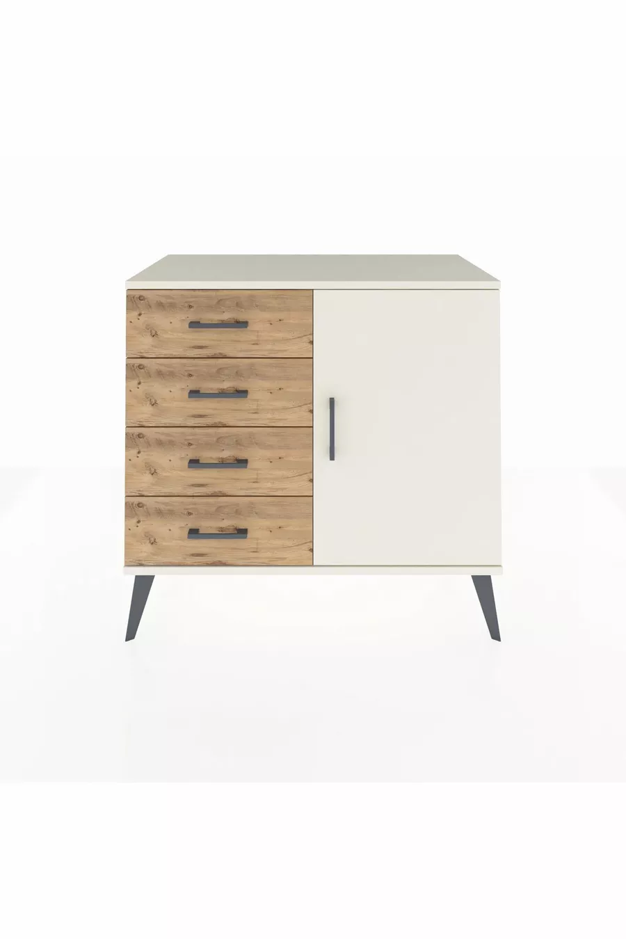 Commode Hyperion avec une seule étagère, 4 tiroirs et une porte, Pierre de Lune/Pins