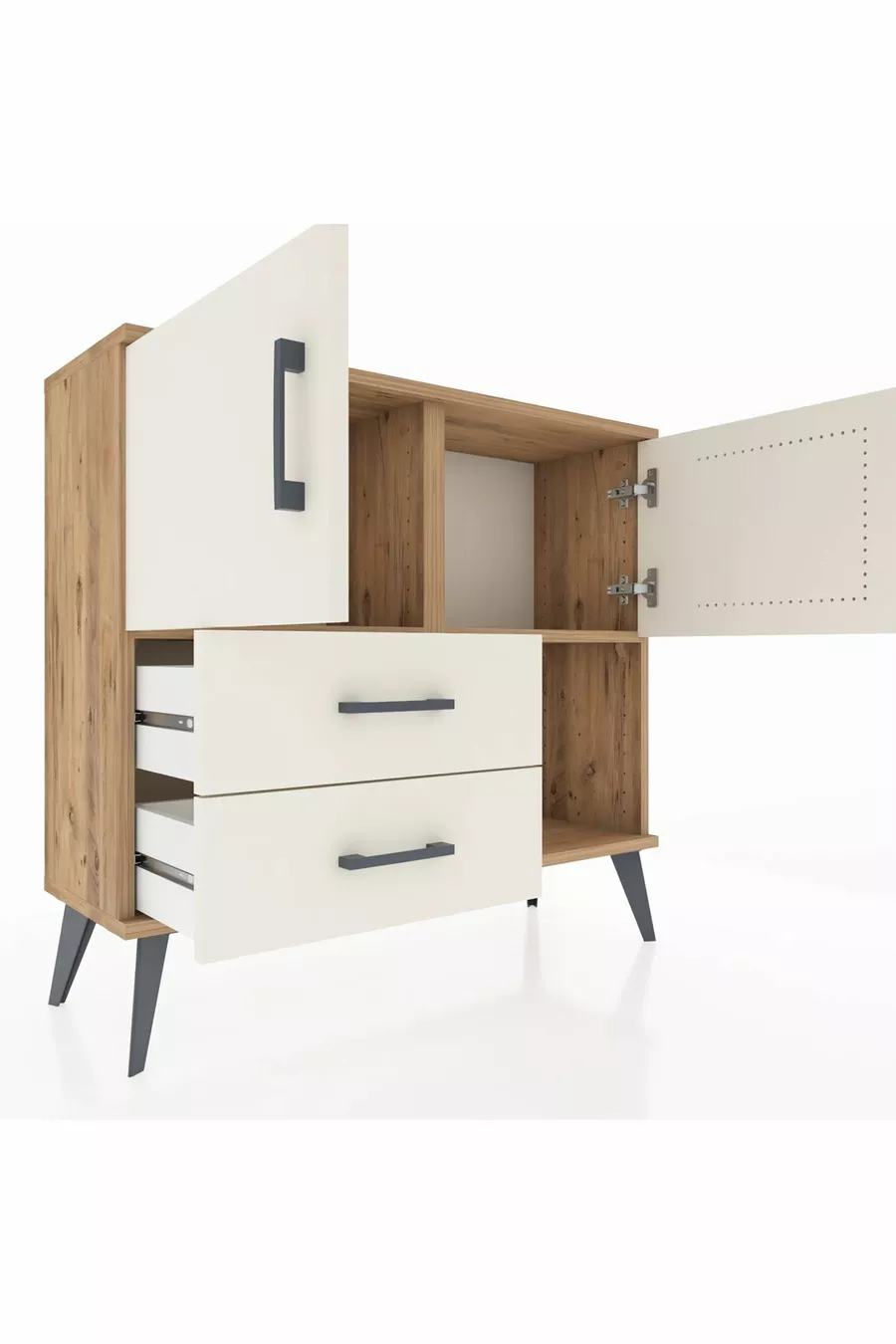 Commode Arges avec 2 étagères, 2 tiroirs et 2 portes, en pin et pierre d'agate
