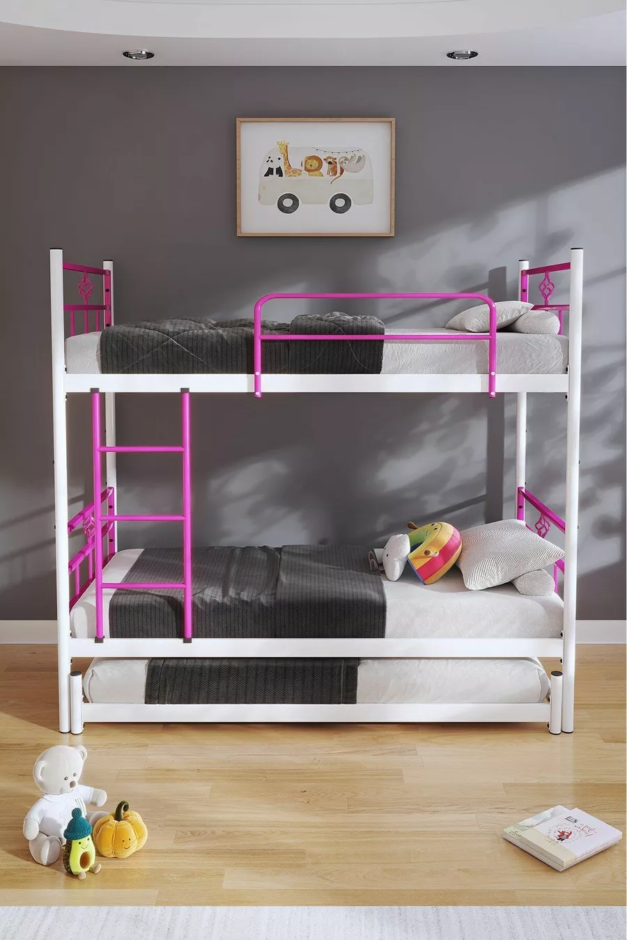 Koza Etagenbett mit Bettfunktion für 3 Personen, Dunkelrosa Metallbett