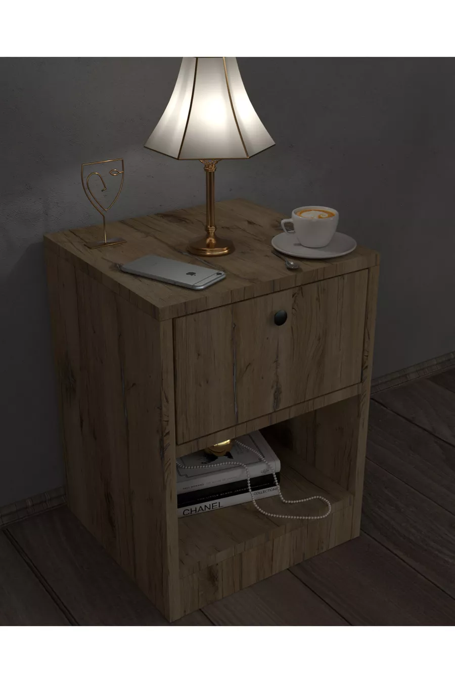 Bedside table with lock and secret compartment, MDF, delivered assembled, no assembly required