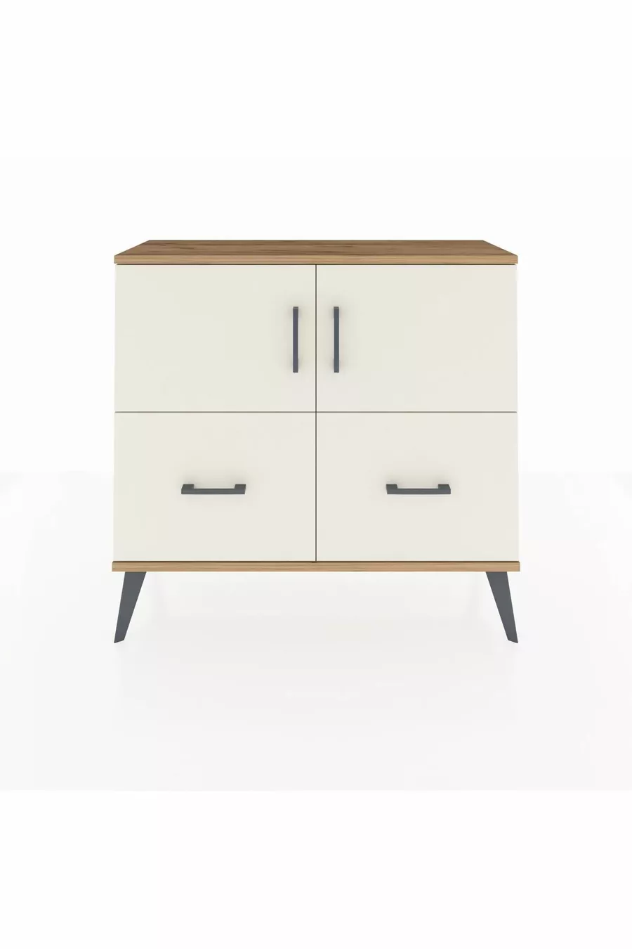 Commode Arges avec 2 étagères, 2 tiroirs et 2 portes, en pin et pierre d'onyx