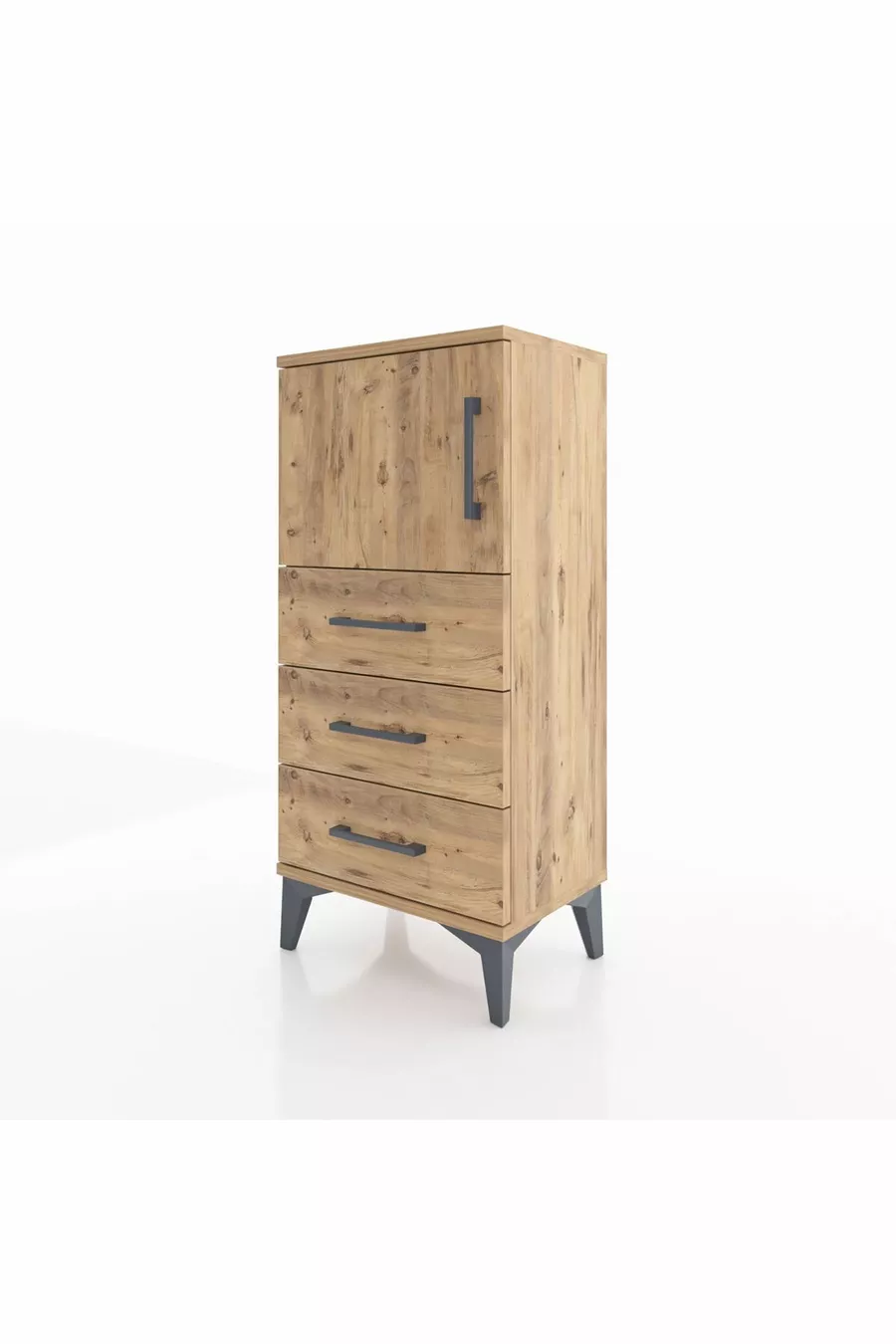Chevet Arges avec une étagère, 3 tiroirs et une porte, en pin