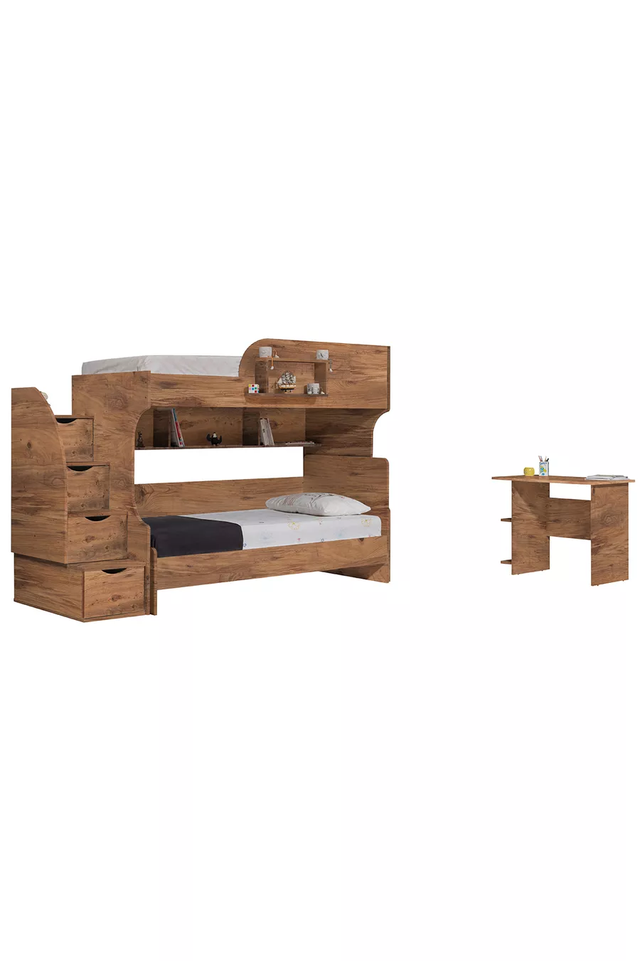 Letto a castello, letto a castello Aura con scrivania, armadio a 3 ante + 2 materassi Comfort