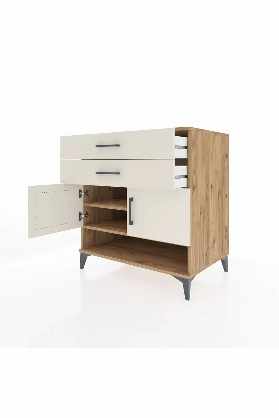 Commode Kronos avec 2 étagères, 2 tiroirs et 2 portes, en pin et pierre de lune