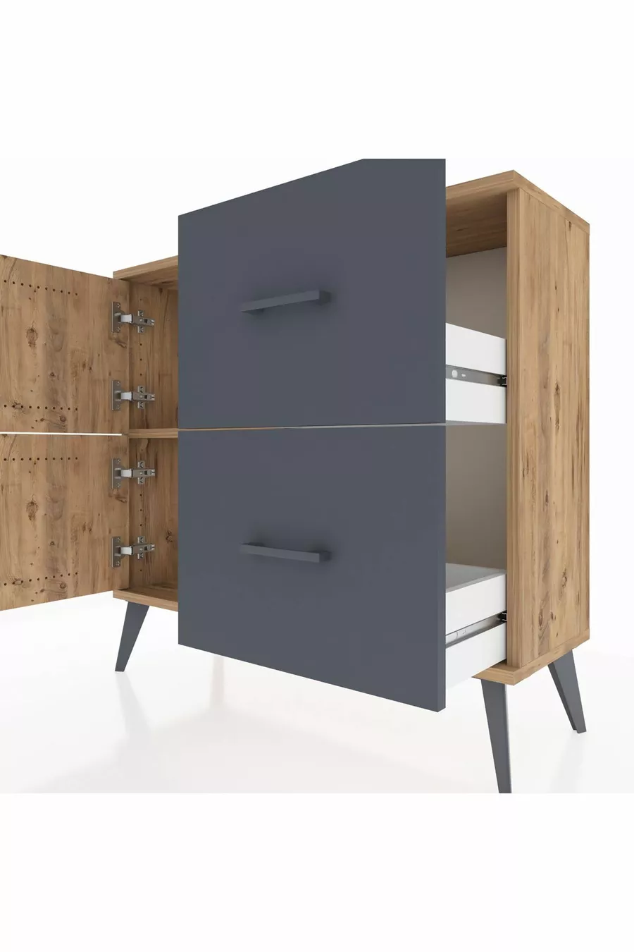 Commode Arges avec une étagère, 2 tiroirs et 2 portes, Pin-Pin/Anthracite
