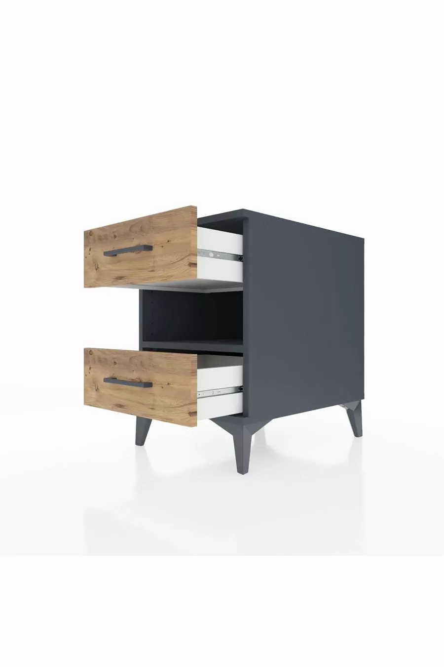 Table de chevet Kronos avec une étagère et 2 tiroirs Anthracite-Bois de pin