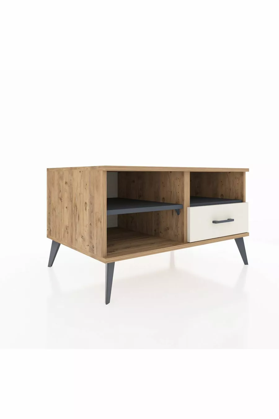 Commode Kronos à 2 étagères et 1 tiroir, en pin-anthracite/gris pierre