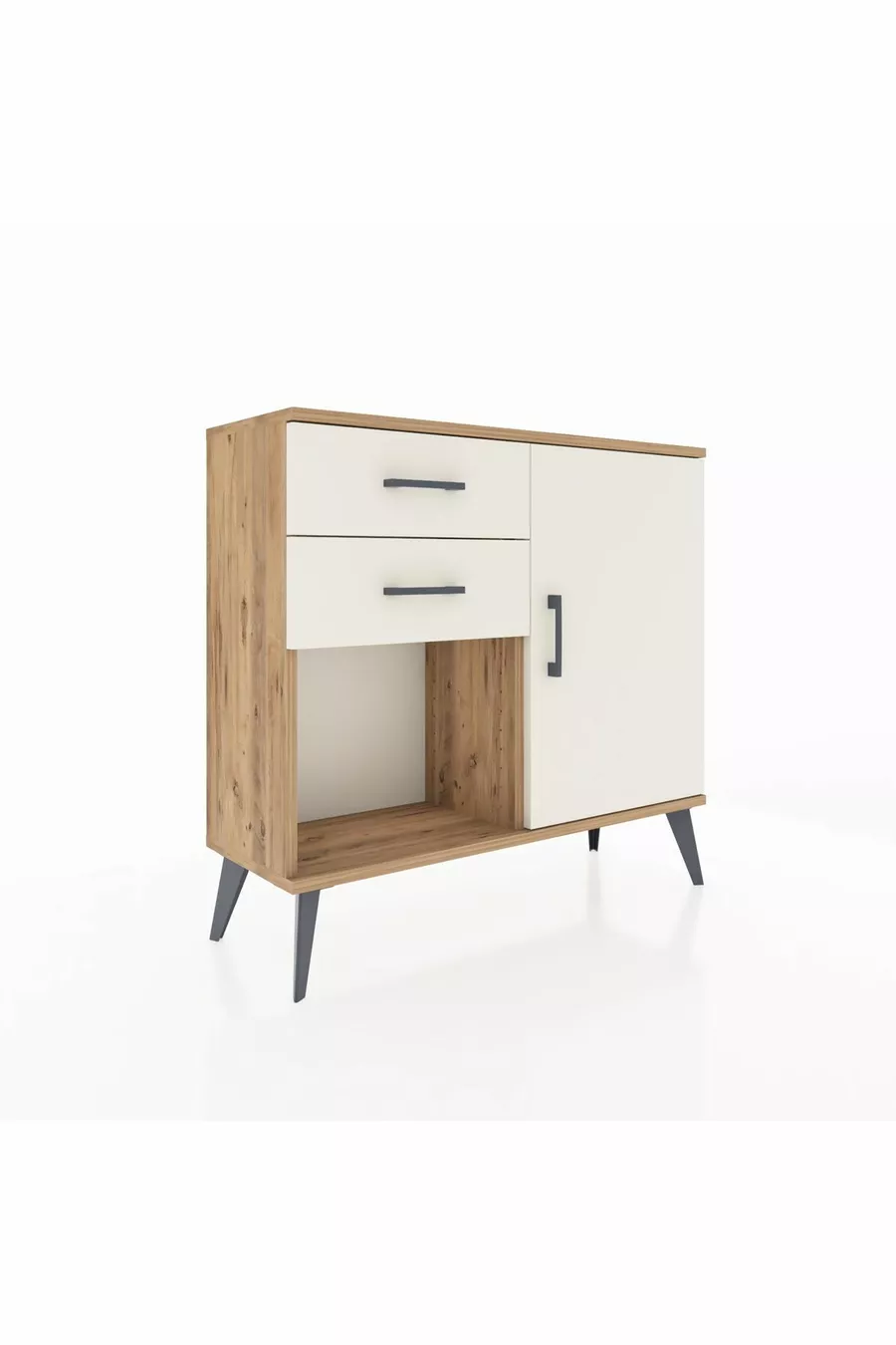 Commode Arges à une étagère, 2 tiroirs et une porte, pin et pierre de l'ay