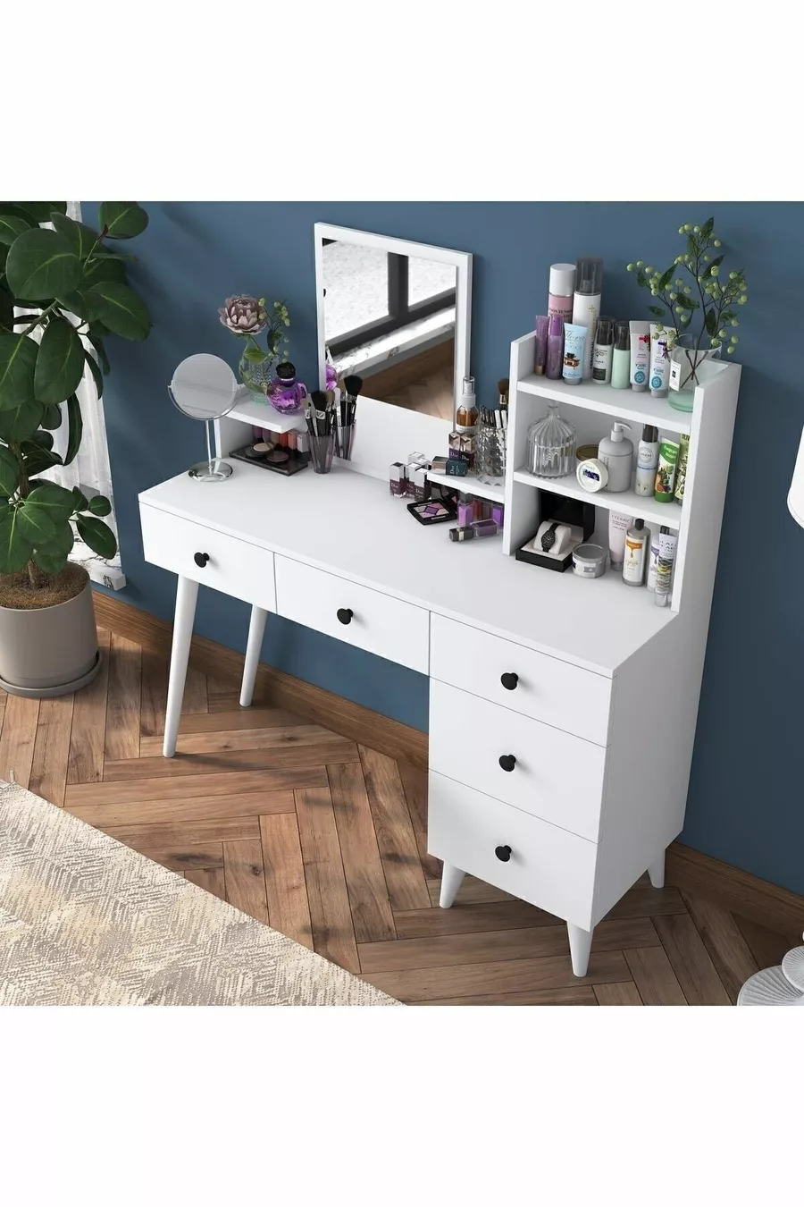 Coiffeuse avec miroir et 5 tiroirs, étagère pour bijoux, blanche