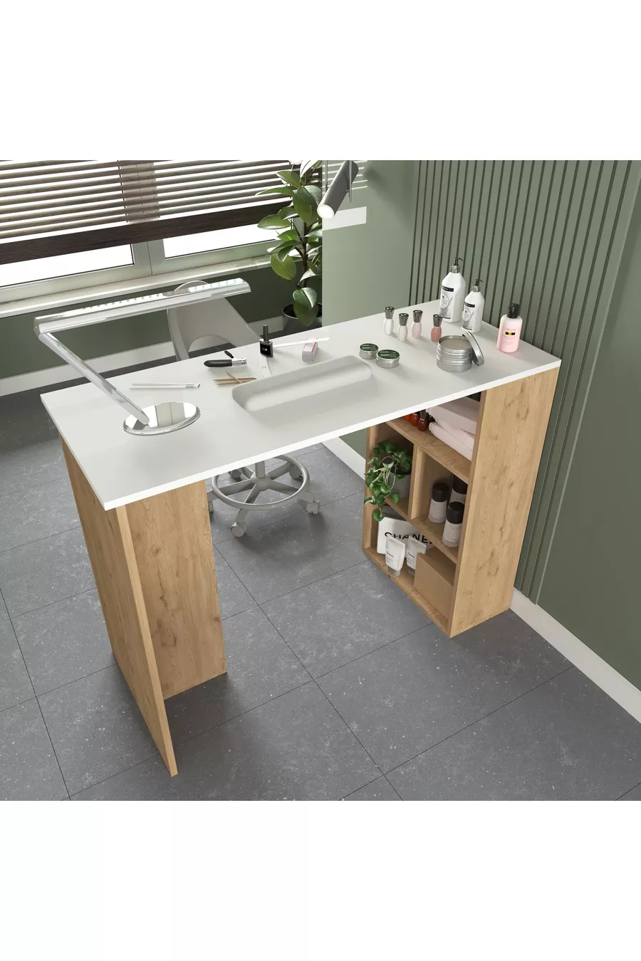 Table de maquillage Pan, table de manucure, blanche avec étagères - Panier