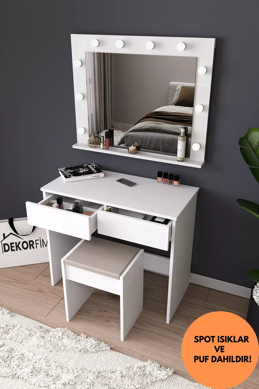B LED Verlichte Spiegel Organizer Make-up Tafel met Kruk en Ladeverdeling, Cosmetisch Bureau