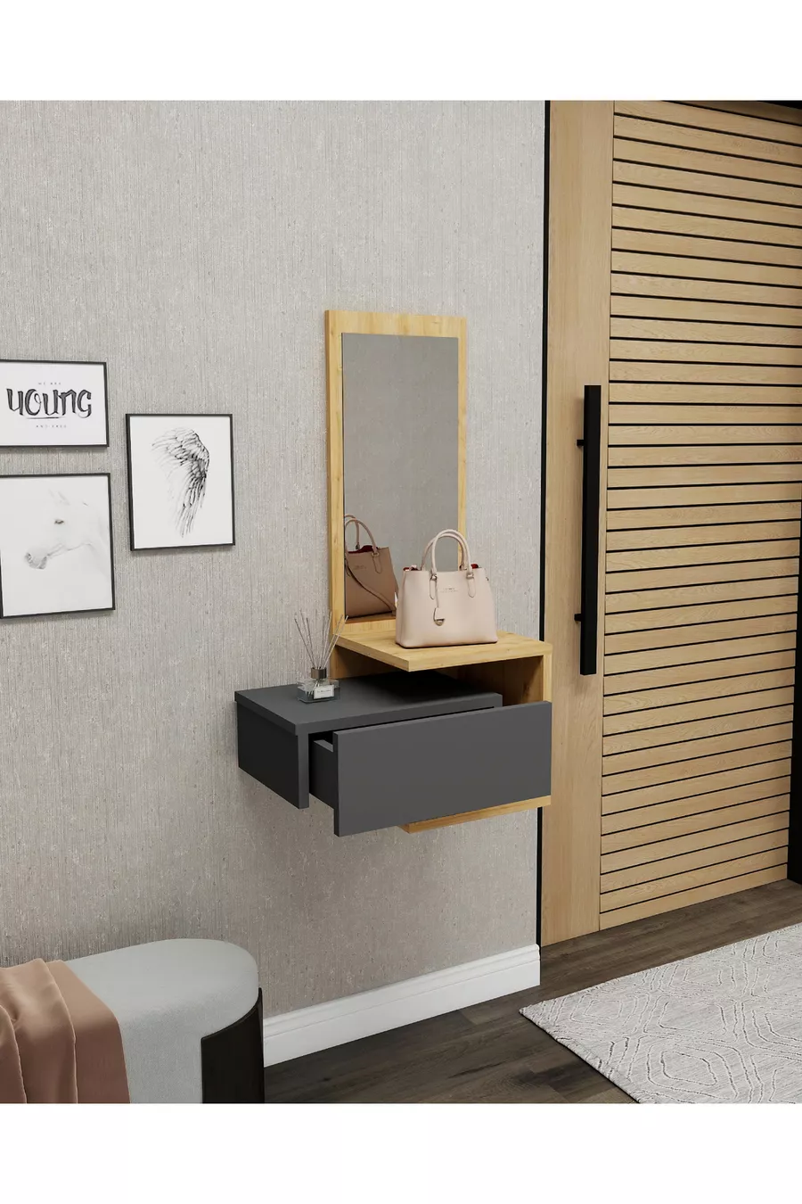 Console murale avec miroir et tiroirs Stella Chêne clair Anthracite - Stella