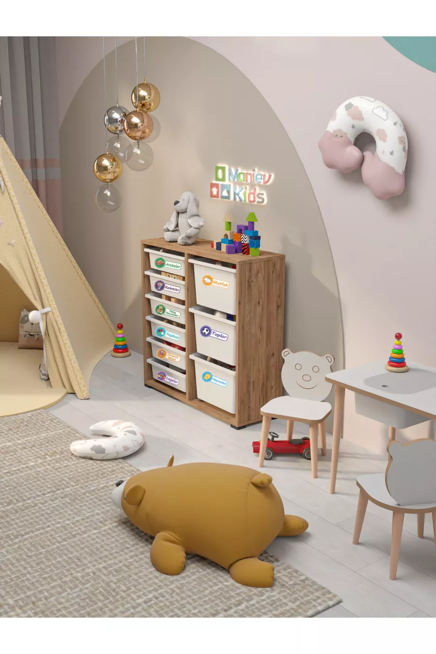 Armoire polyvalente Beyza avec 9 paniers et autocollants pour jouets