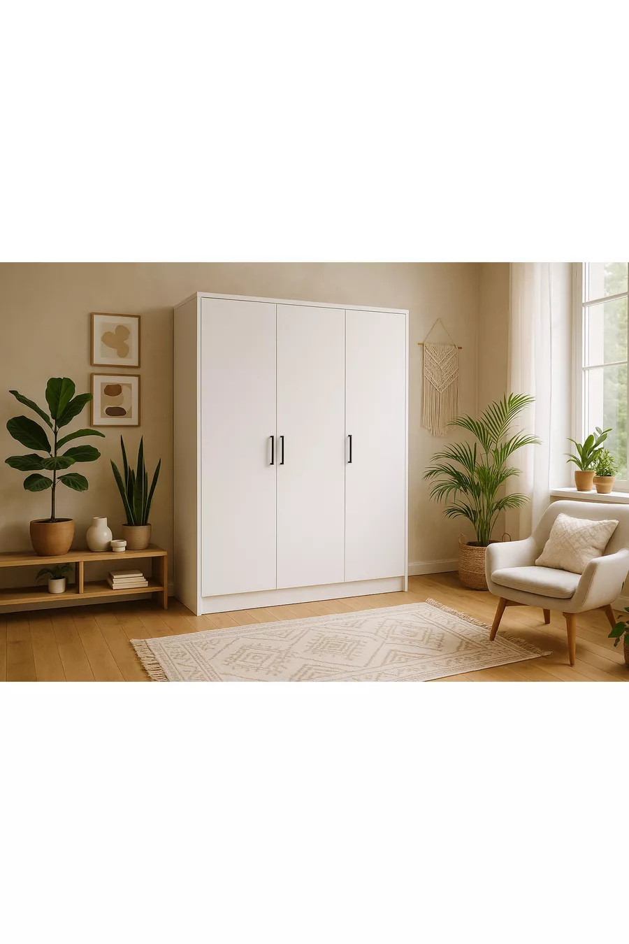 % MDF 3-Door Storage Cabinet |  cm | White – Modern Multi-Purpose Wardrobe