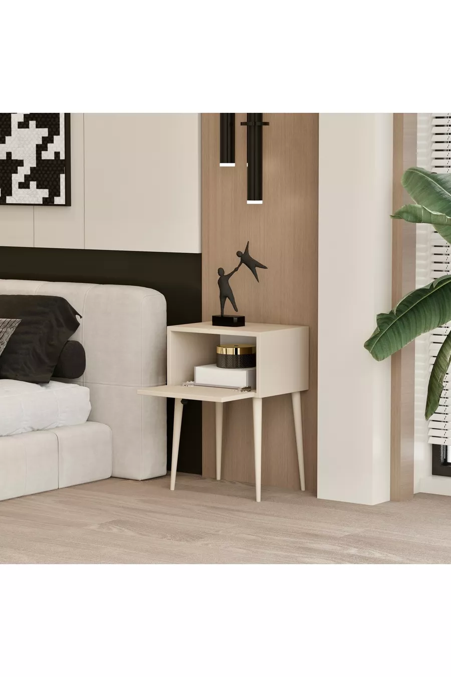 Table de chevet CANOPUS MDF couleur pierre de sable avec pied en bois et une seule porte