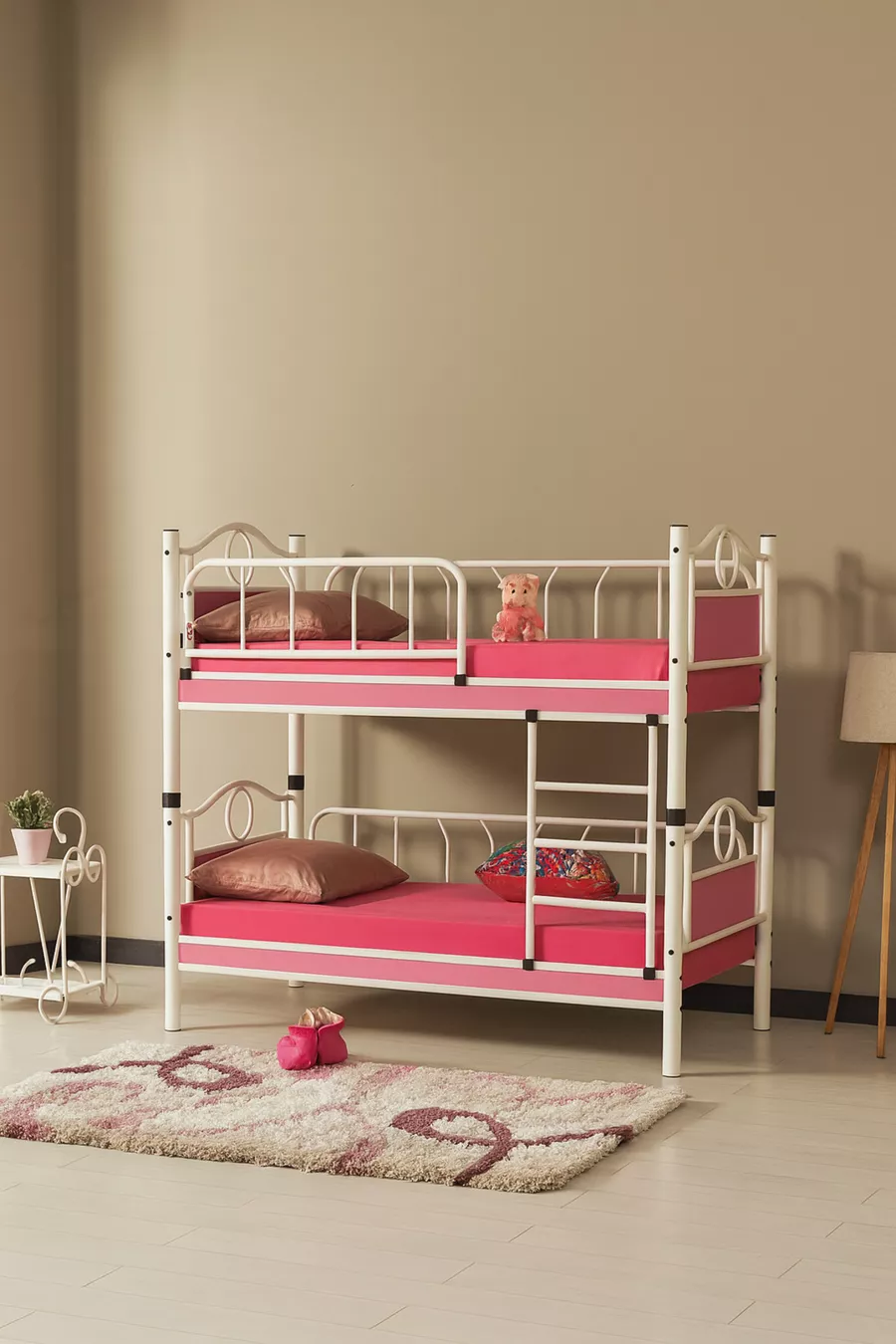 Smaragden Baby Kinderkamer Houten Hoofdeinde Metalen Stapelbed En Bed Wit Roze