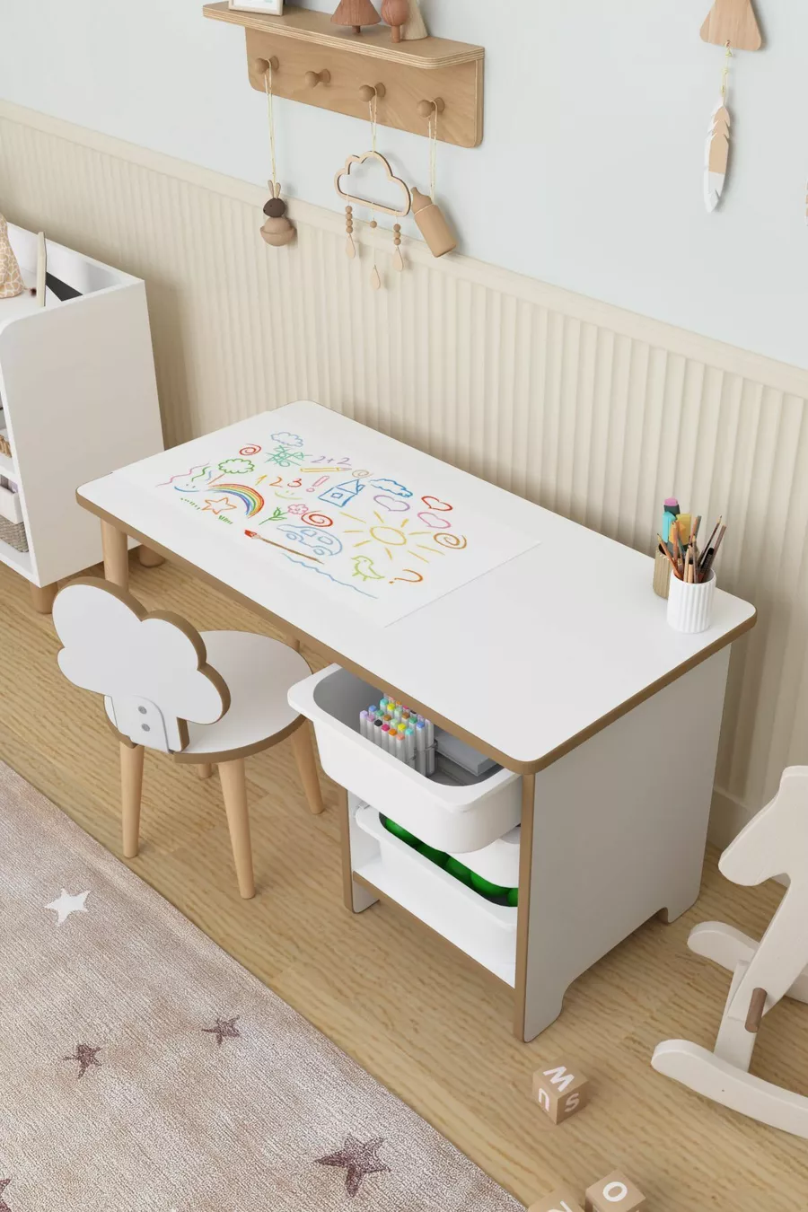 Aktivitätentisch mit Papierrolle Kinderarbeitstisch Spielzeugschrank