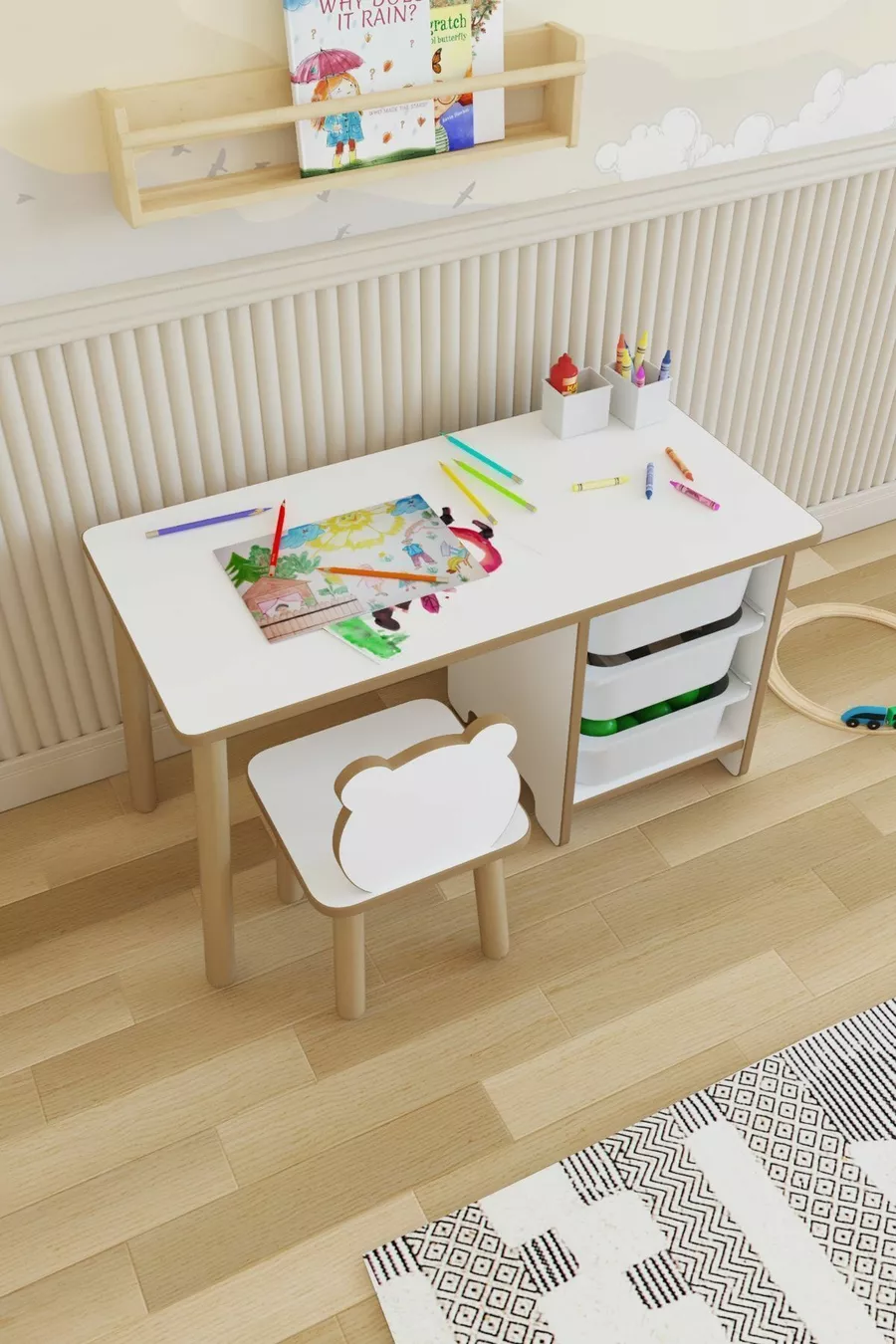 Ensemble Table et Chaises pour Enfants - Bureau d'Activité pour Enfants avec 3 Paniers, Tableau Effaçable à Sec, Chaise Panda