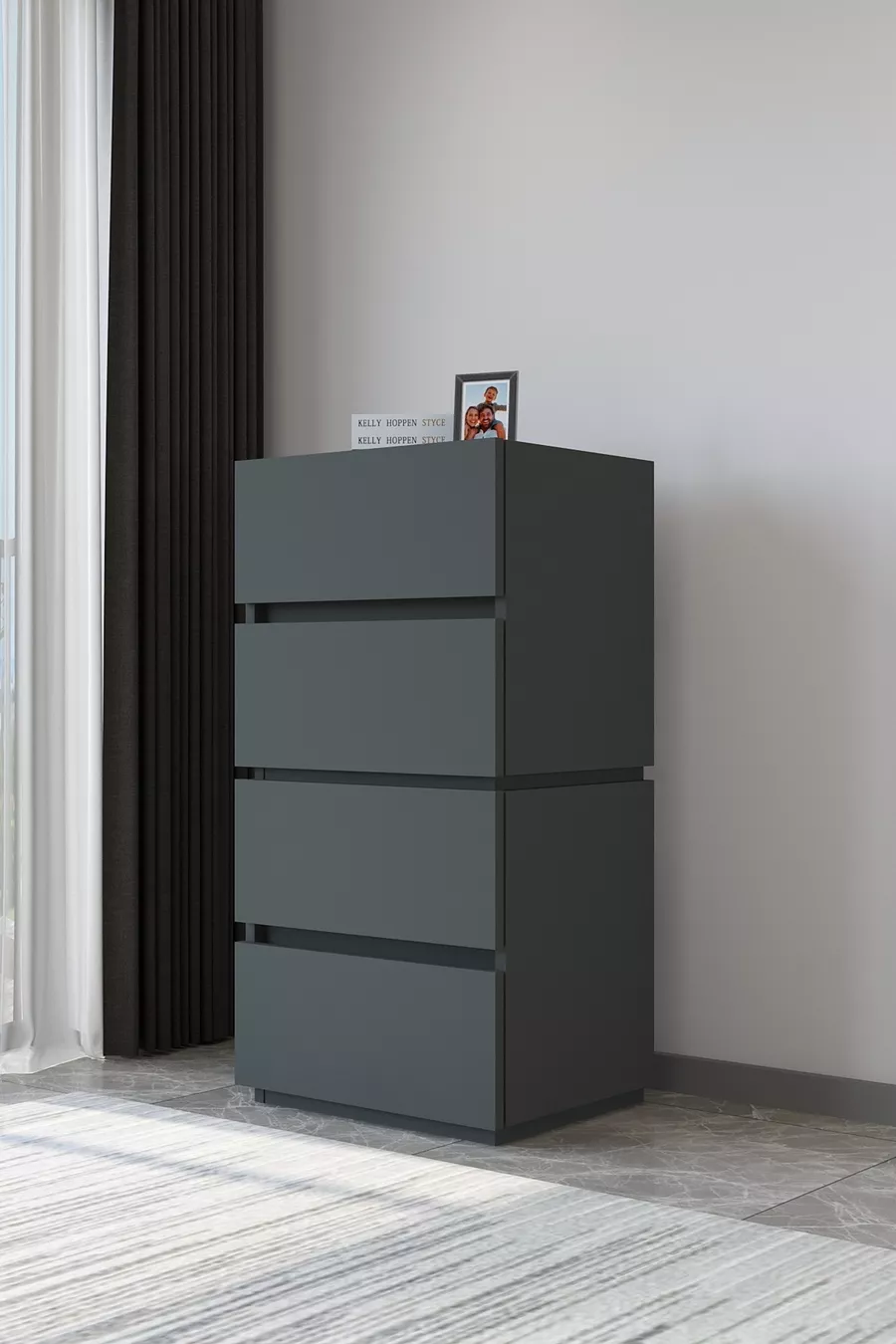 Commode Galata 4 tiroirs en similicuir anthracite pour chambre à coucher ou chambre de bébé