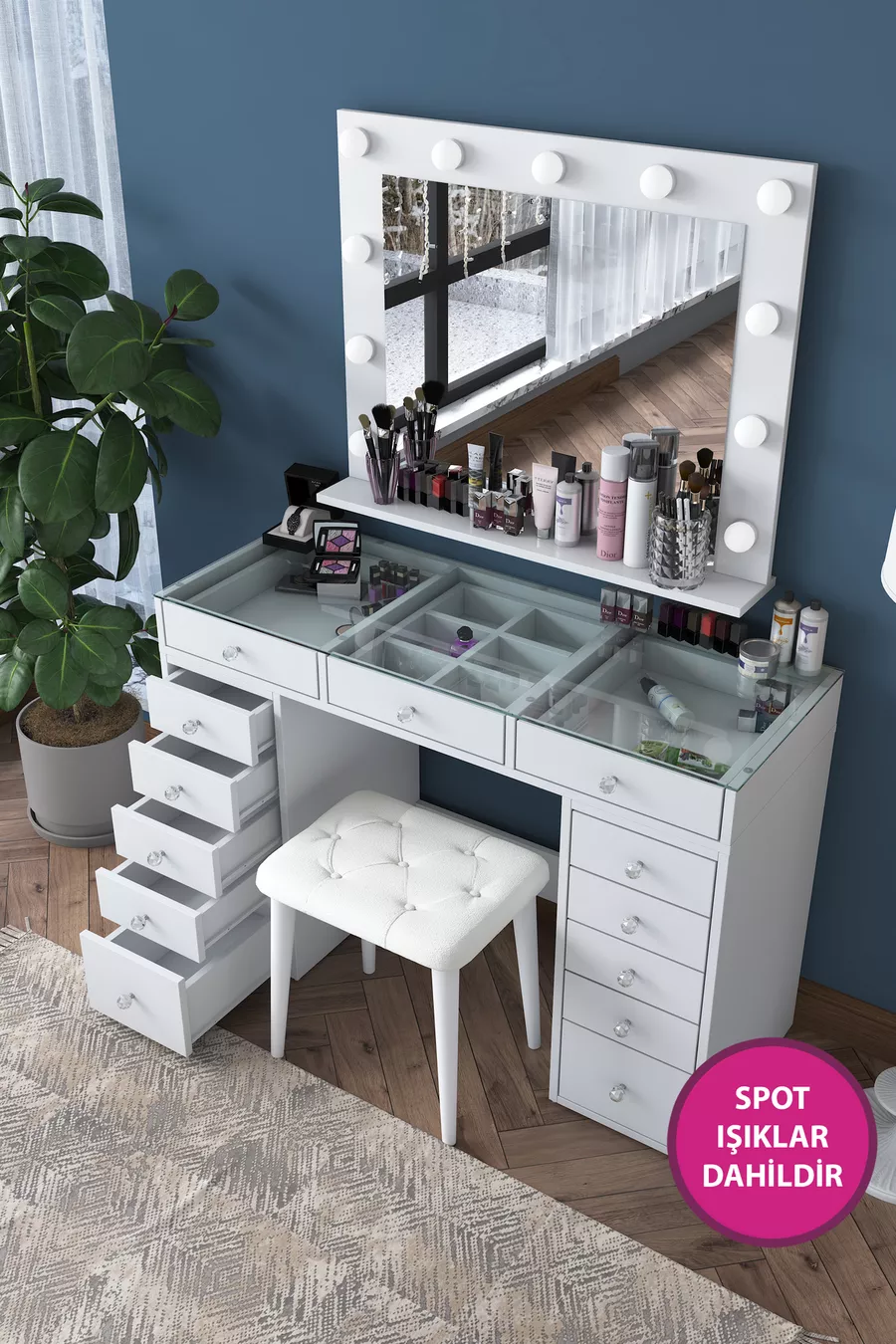 Rani Coiffeuse de Coulisses avec Miroir et Lumières de Style Hollywood, Table en Verre, Organisateur de Bijoux, Ensemble Pouf, Blanc