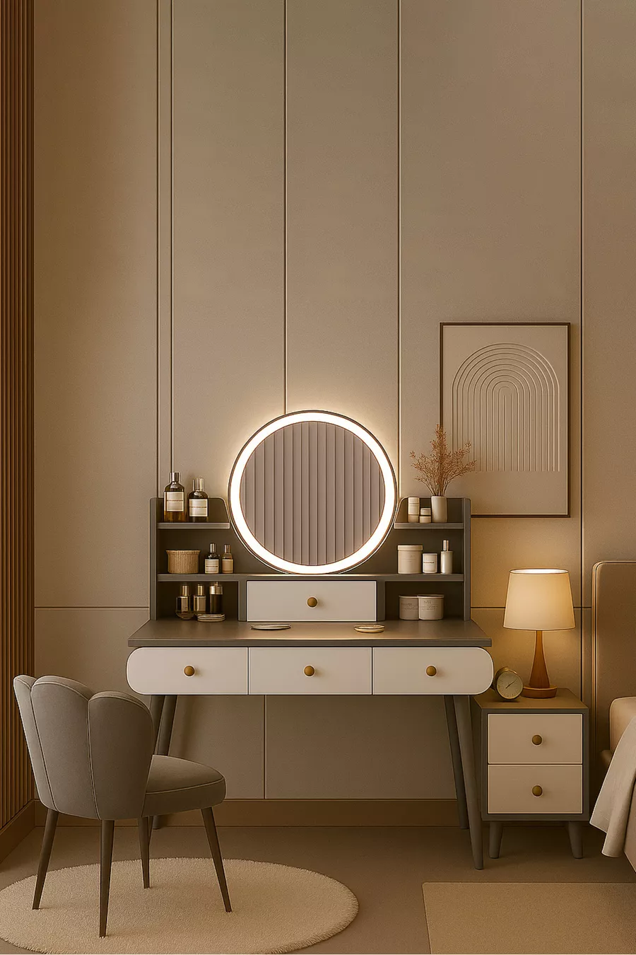 Coiffeuse moderne avec miroir rétroéclairé LED en MDF de qualité 1ère classe, table de toilette (G)