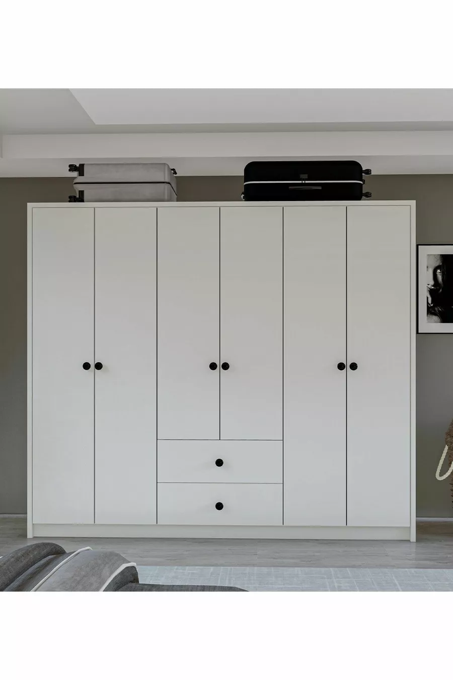 Gm  Deluxe Armoire 6 Portes 2 Tiroirs avec Poignées Bouton