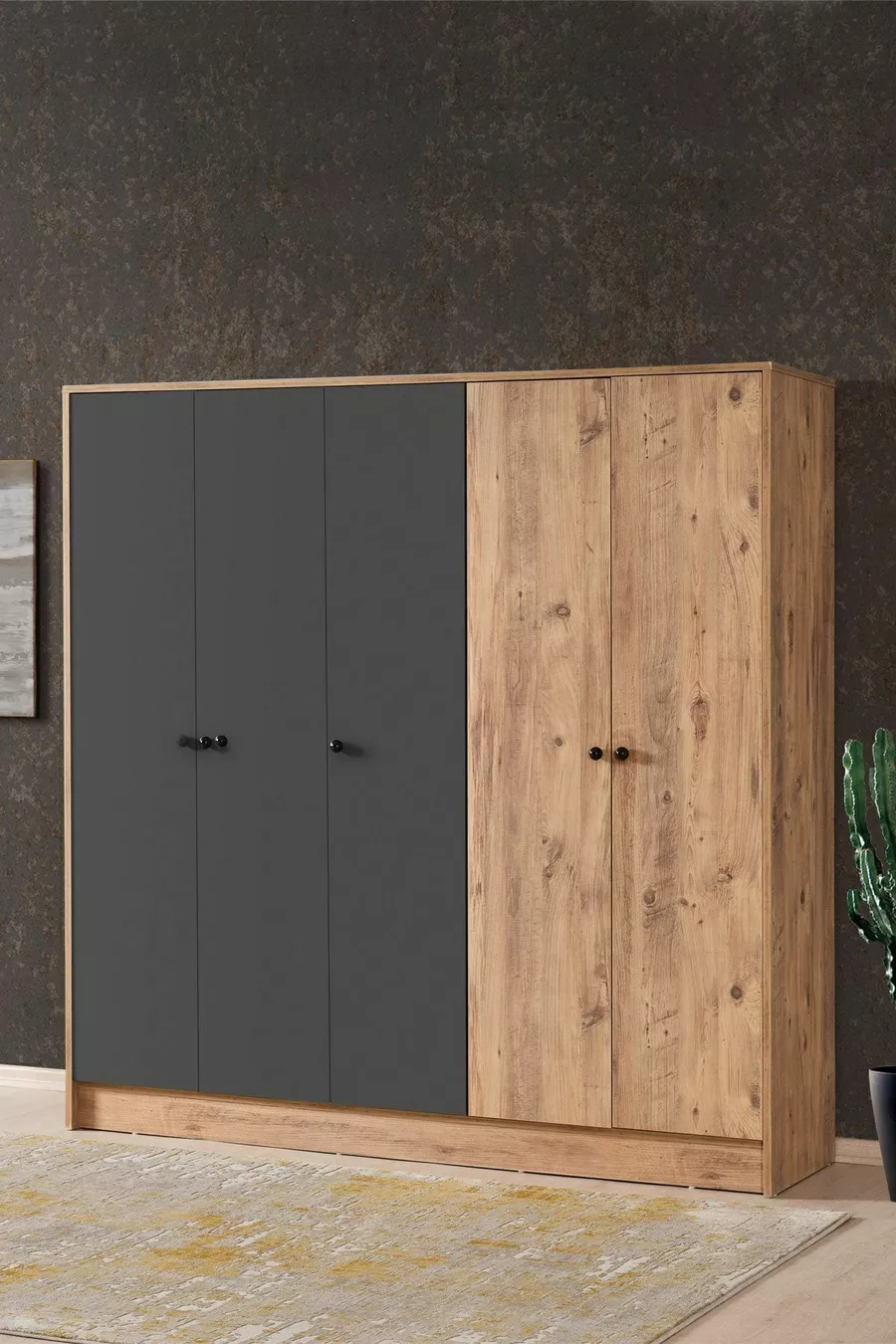 Armoire  Diva 5 portes avec étagères compartimentées et patères, pin atlantic et anthracite,  cm