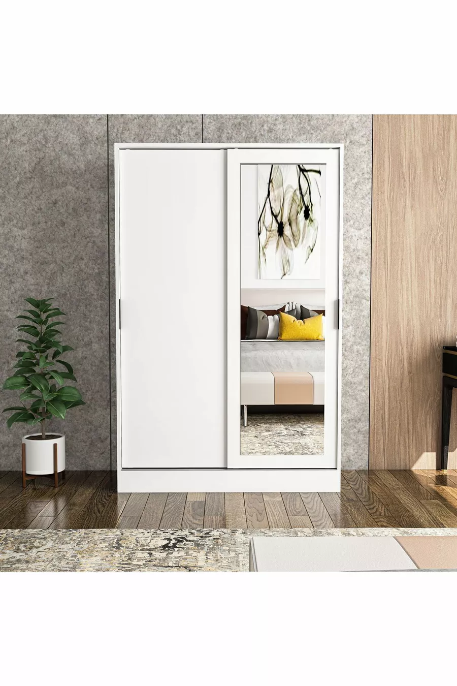 Berceste White 2-Sliding Door Mirrored 8-Section Wardrobe Closet
