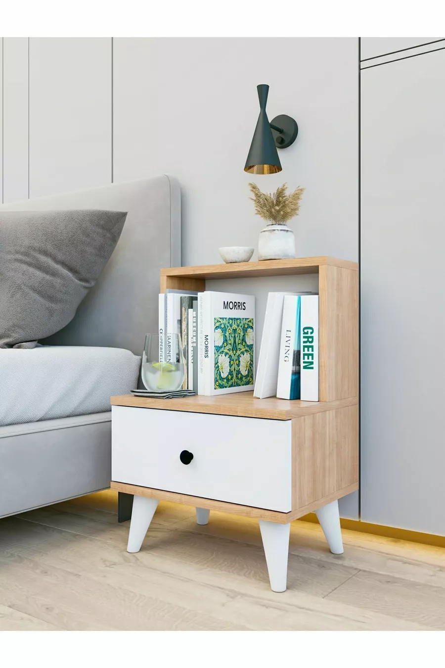 Nightstand Bright White-Marbella Drawer and Shelf Nightstand for Bedroom