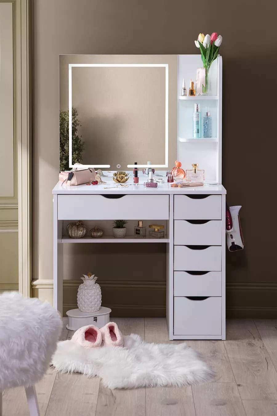 Coiffeuse Miroir Tactile à LED avec 6 Tiroirs, Niveau de Lumière Réglable Diva, Blanche