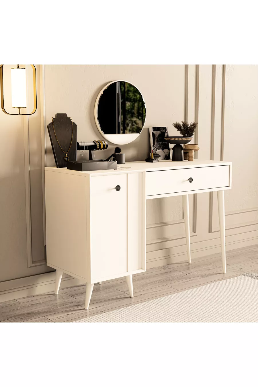 LOVE SPECCHIO (CON GAMBE IN LEGNO) TOILETTE CON CASSETTI E SPORTELLO - CM CON STRUTTURA IN MDF BIANCA