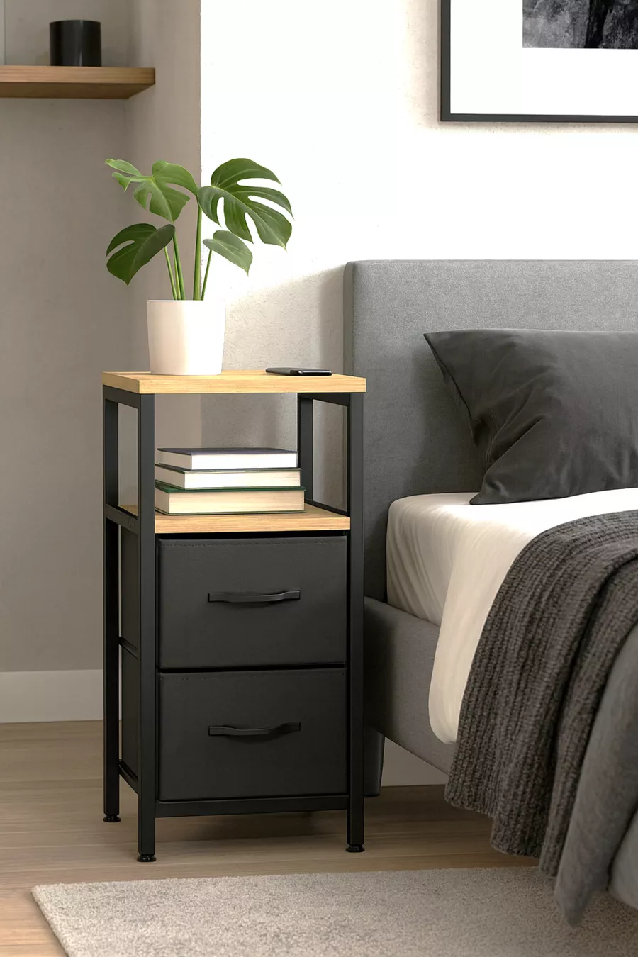 Table de chevet à 2 étagères avec tiroir en cuir, organiseur pour chambre à coucher, table de chevet en métal