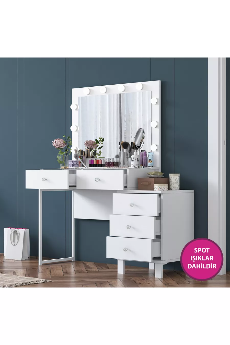 Rani Tavolo da Trucco con Specchio e Luci in Stile Hollywood con 5 Cassetti Organizzatore di Gioielli Bianco