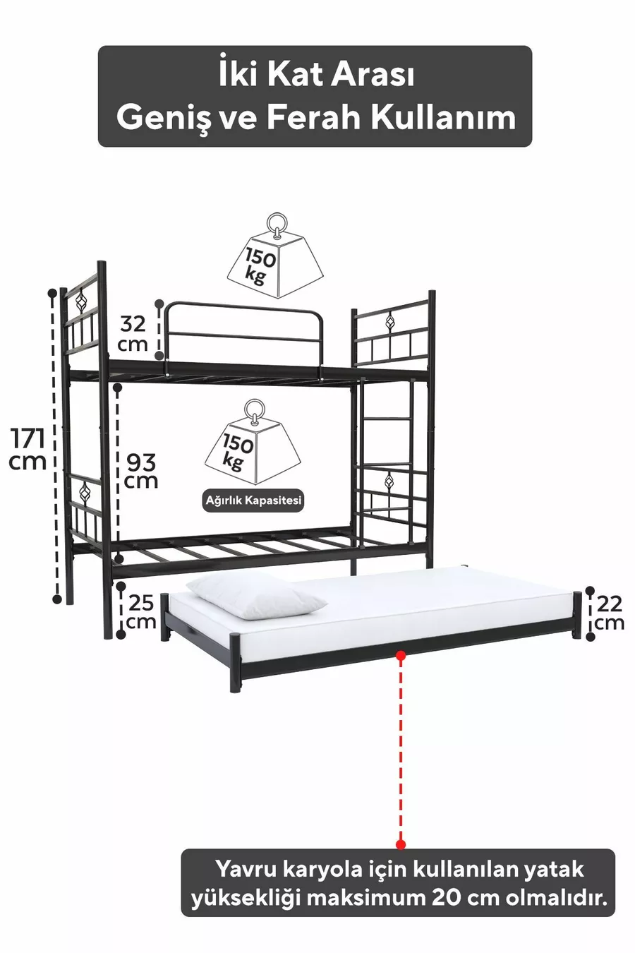 Koza Loft Bunk Bed Compatible with Mattress, 3-Person Black Metal Bunk Bed