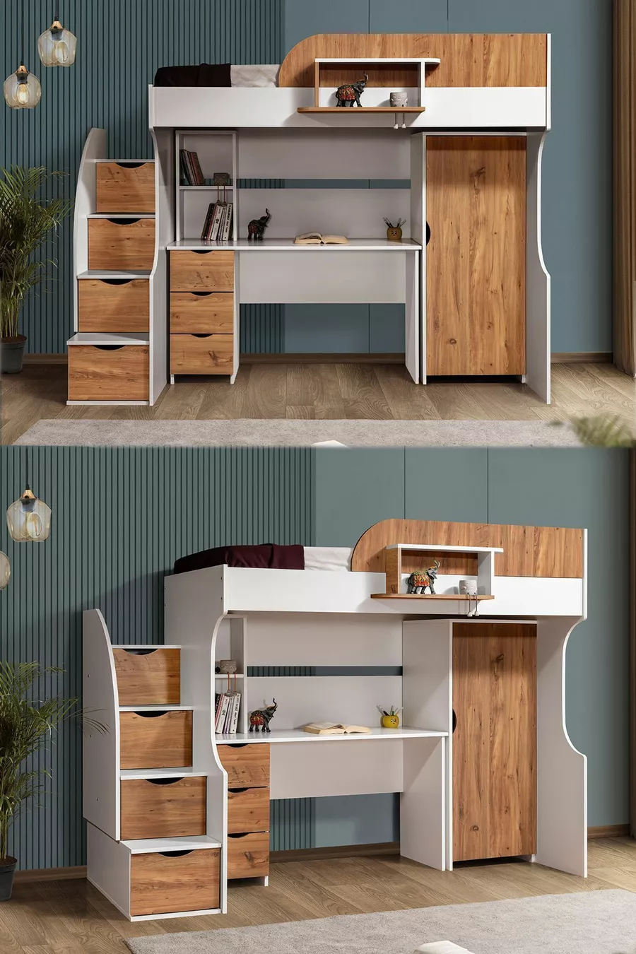 Bunk Bed, Litera Bunk Bed Wardrobe Desk, White-Dark Walnut 1 Comfort Mattress