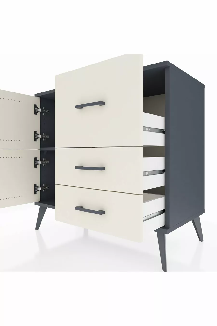 Commode Hyperion à une étagère, 3 tiroirs et 2 portes, Anthracite-Pierres de lune
