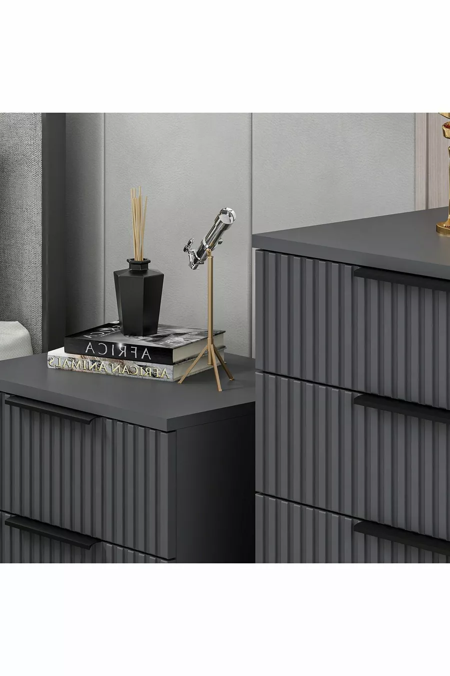 -chiffonnier Kale 4 tiroirs - Anthracite avec motifs rayés en membrane