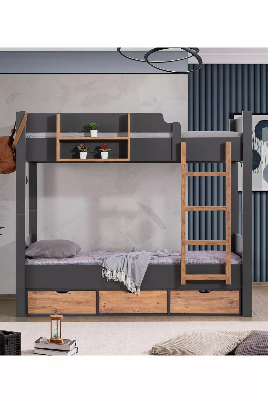 Ranza, Letto a Castello con Cassetti Separabili in Stile Asiatico, 2 Materassi Comfort