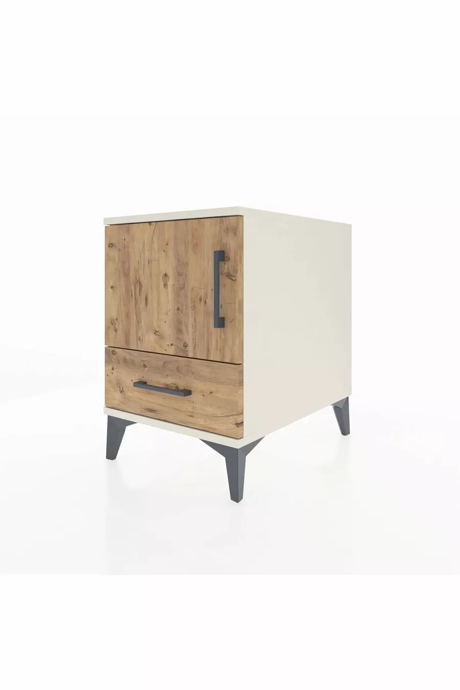 Kronos Table de chevet avec 2 étagères, 1 tiroir et 1 porte, Pierre de Lune-Pin