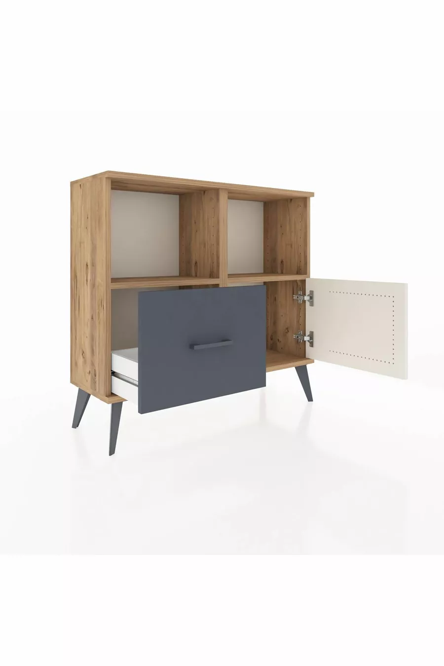 Commode Arges avec 2 étagères, 1 tiroir et 1 porte, en pin-pierre d'âme/antracite